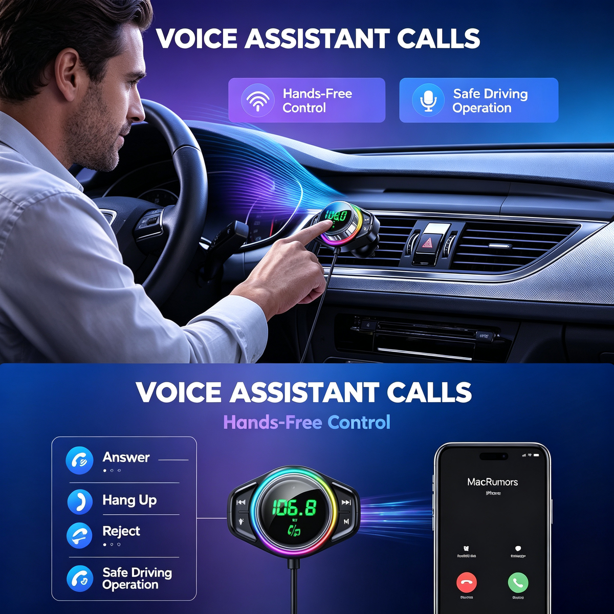 48W RGB Car Bluetooth FM Transmitter